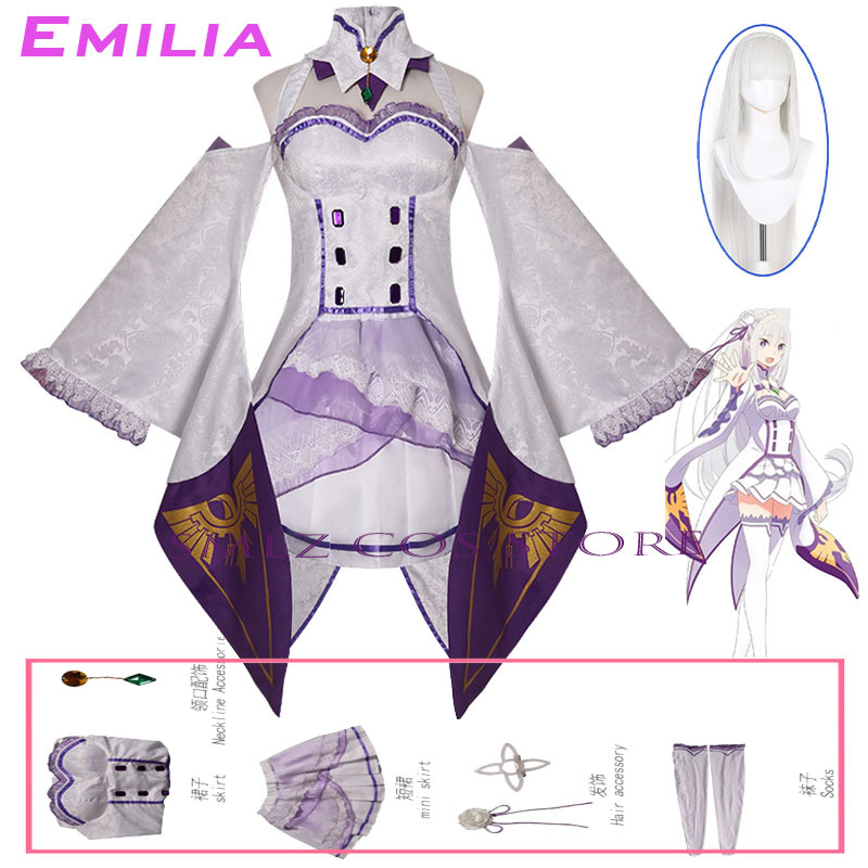 Anime Cosplay For Halloween - エミリアコスプレアニメ再ゼロカラハジメル異世界生活衣装白制服ドレスウィッグセットハロウィンパーティー衣装女性用