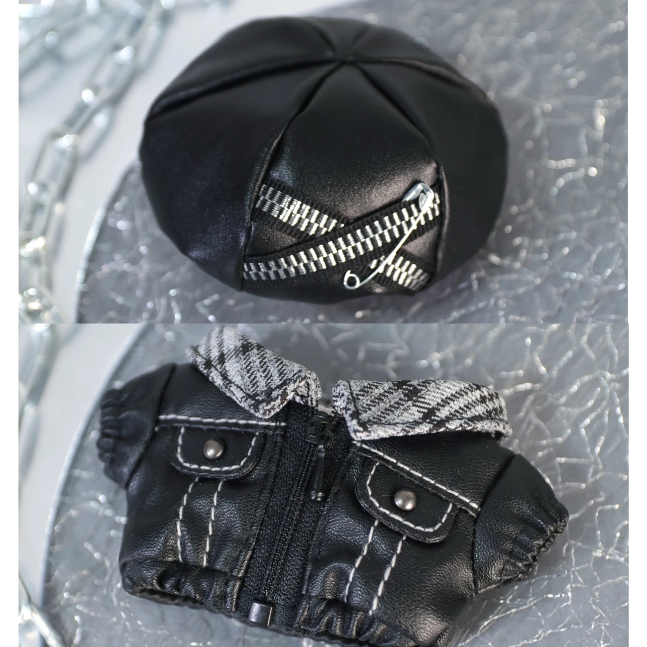 Anime Doll Cosplay - 2026年新作 10cm コスプレ レザージャケット、レザーハット、オールドレコードセット、ドールレザージャケット、カラーブロック