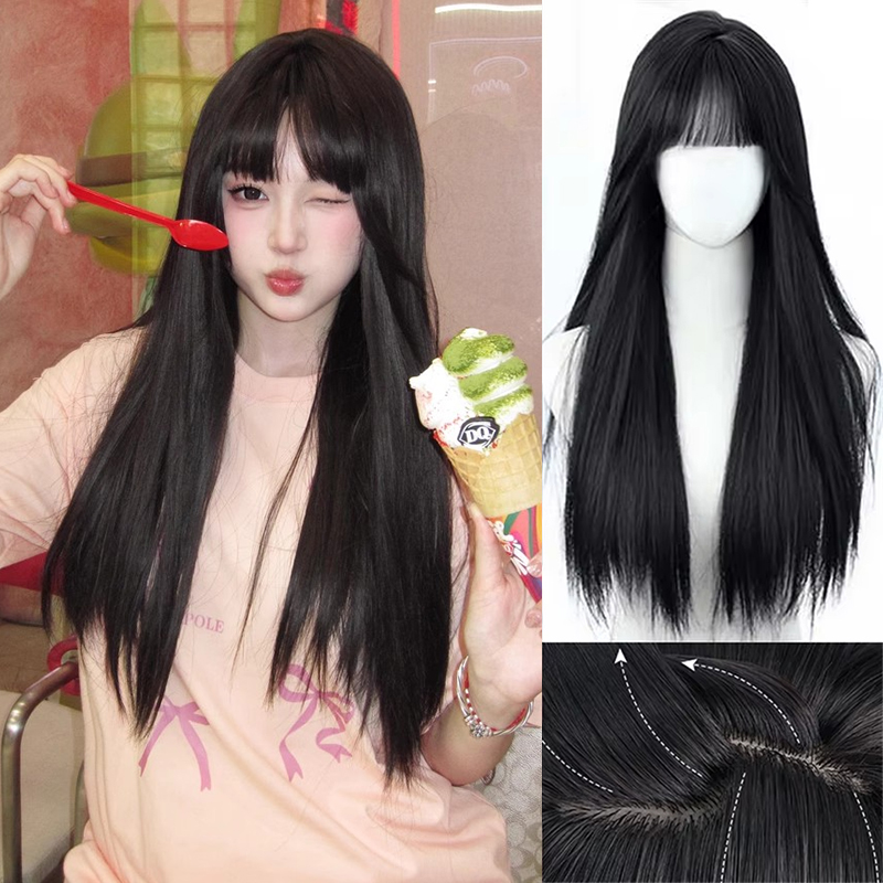 合成韓国風ブラックロングストレートヘアウィッグ（前髪付き）ア - Anime Cosplay Korean Girl のレビューと価格
